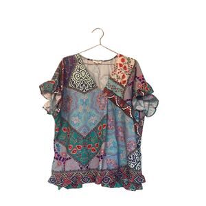 Umgee Teal Multicolor Patchwork V-Neck Flutter Sleeve Top